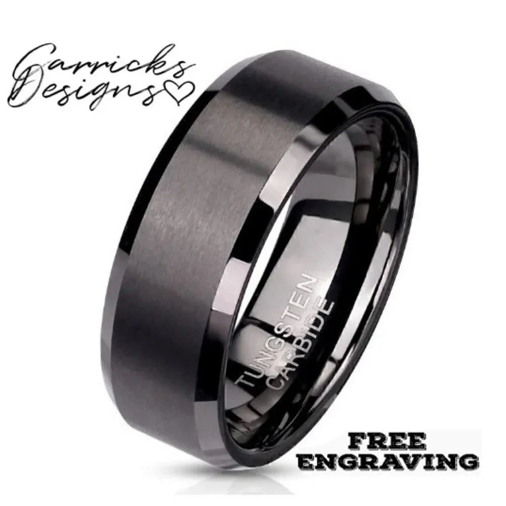 Engraved Men's Real Matte Black Tungsten Wedding Ring  Durable Black Powder Coat